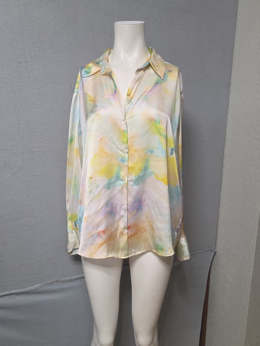 Zara Pastel Satin Watercolor Button-Down Shirt Large Sz